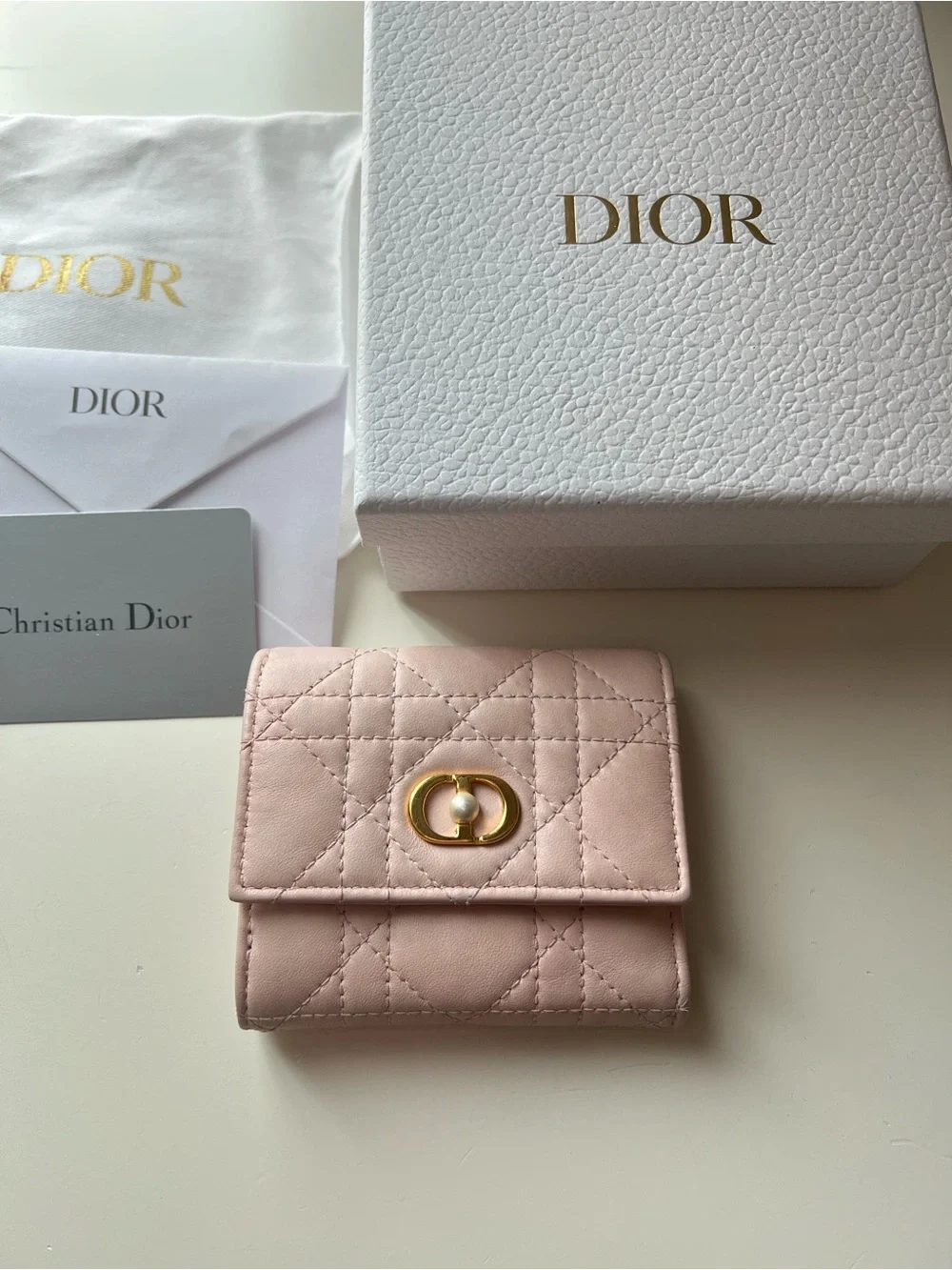 Dior Light Pink Quilted Leather Card Wallet with Gold Hardware